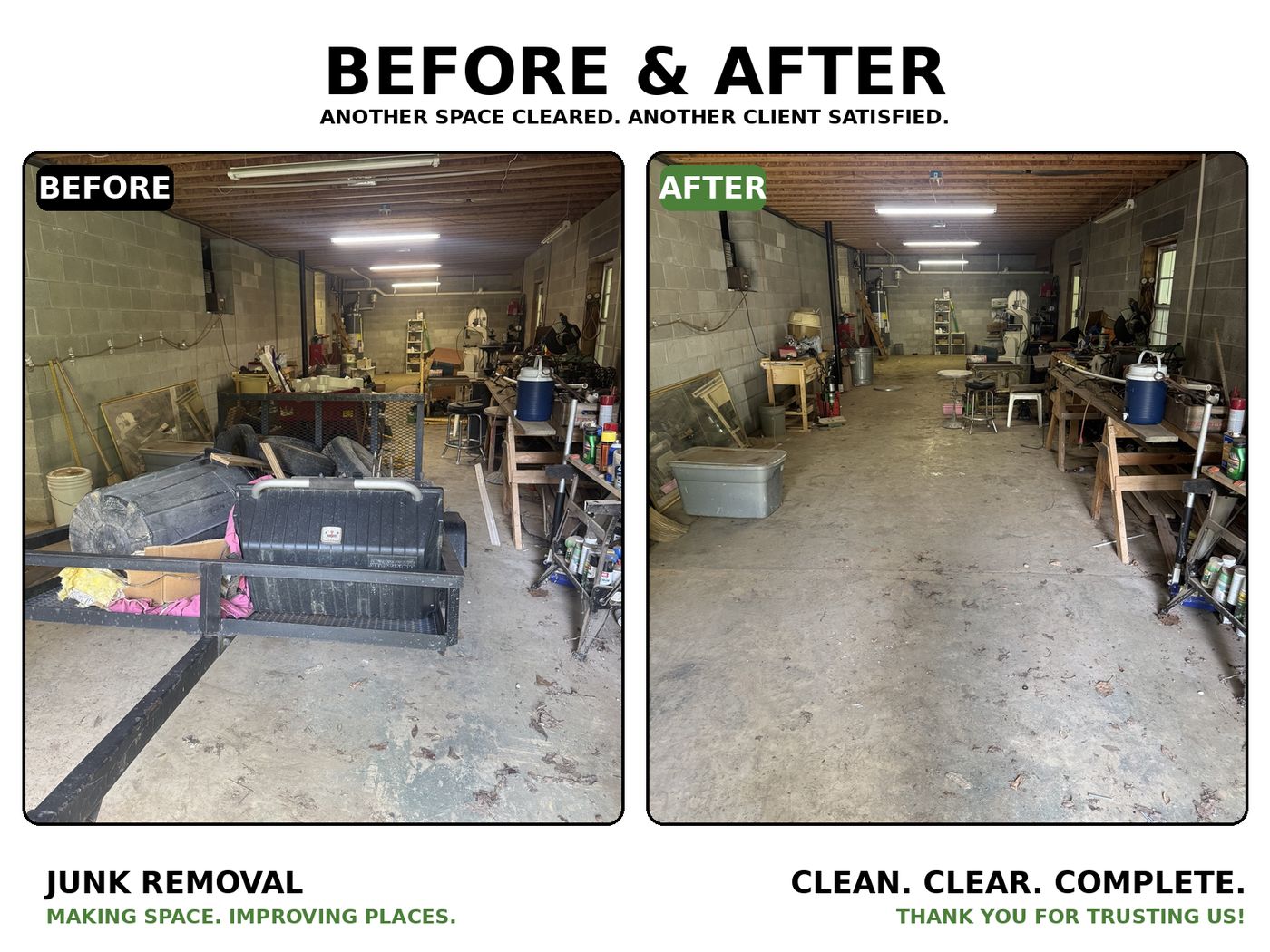 Garage workshop before and after junk removal, cluttered to clear